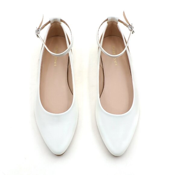 LURNYET Women's WHITE PU Casual Ankle Strap Pointed Toe Ballet Flats Shoes - Picture 2 of 5